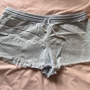 Aerie Blue Jean Shorts with Frayed Hem and Elastic Waistband